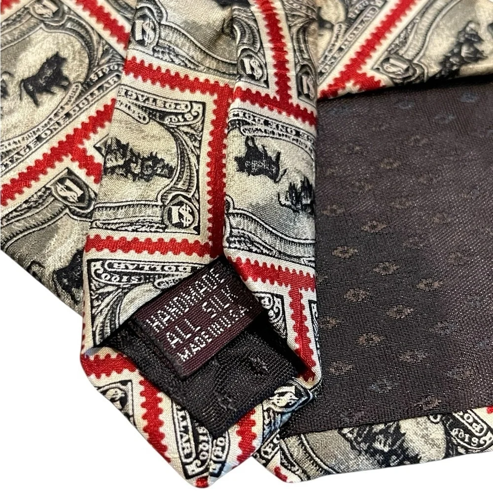 📈📊100% Silk Postage themed tie with $1 stamps. Black, red, white hues